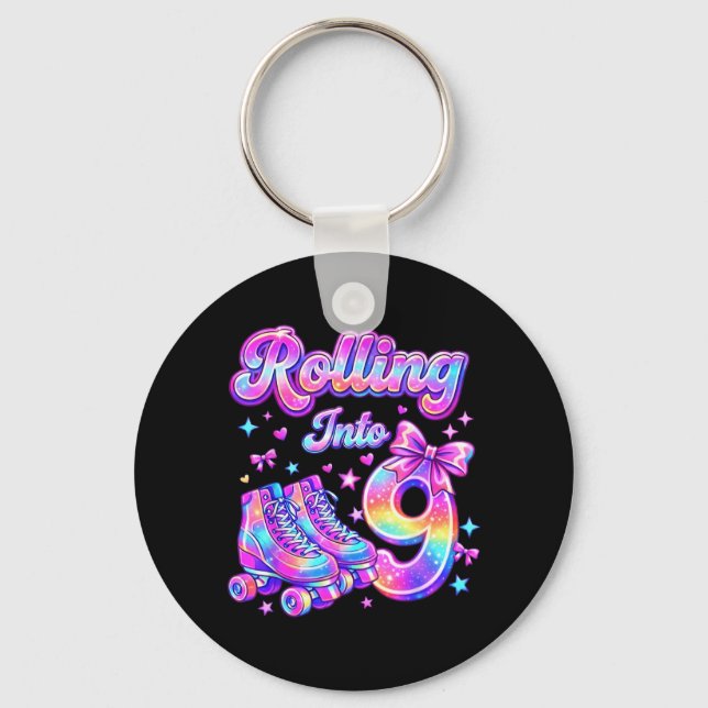 Rolling Into 9 Years Old Roller Skating Girl 9th Key Ring (Front)