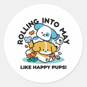 Rolling Into May Like Happy Pups – Cute Spring Dog Classic Round Sticker