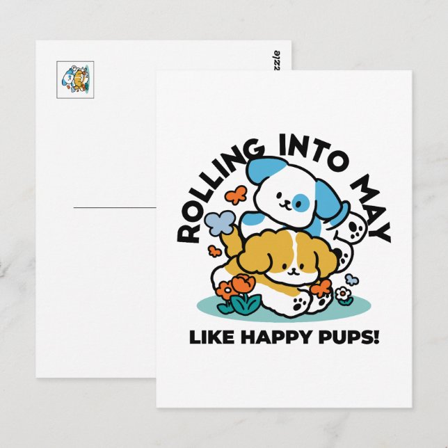 Rolling Into May Like Happy Pups – Cute Spring Dog Postcard (Front/Back)