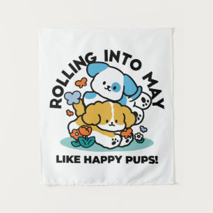 Rolling Into May Like Happy Pups – Cute Spring Dog Tapestry