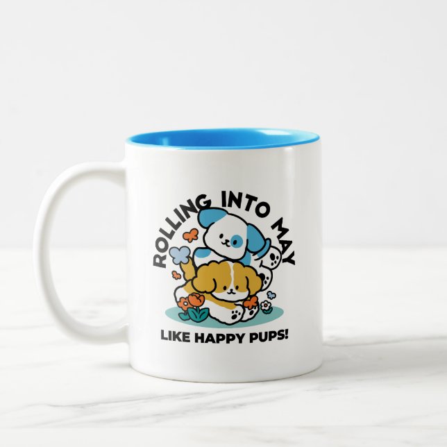 Rolling Into May Like Happy Pups – Cute Spring Dog Two-Tone Coffee Mug (Left)
