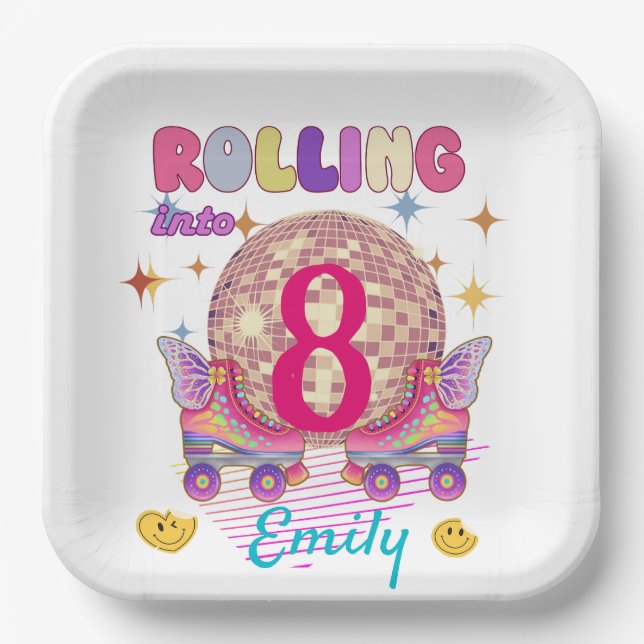 Rolling Into Skate Roller Birthday Girl Matching Paper Plate (Front)