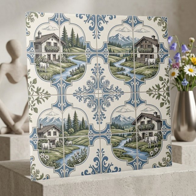 Rolling Meadow Grazing Cow Rustic Mountain Collage Ceramic Tile (Rolling Meadow Grazing Cow Rustic Mountain Collage Ceramic Tile)