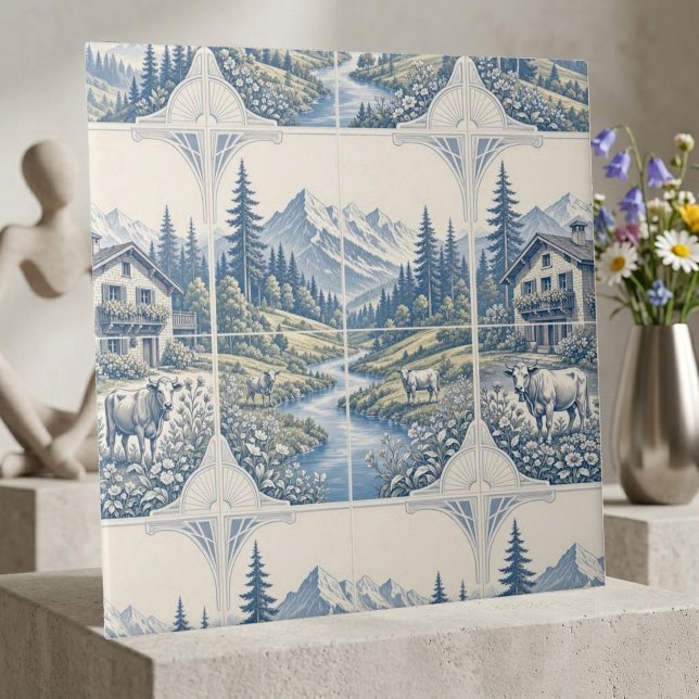 Rolling Meadow Grazing Cow Rustic Mountain Scenic  Ceramic Tile (Creator Uploaded)