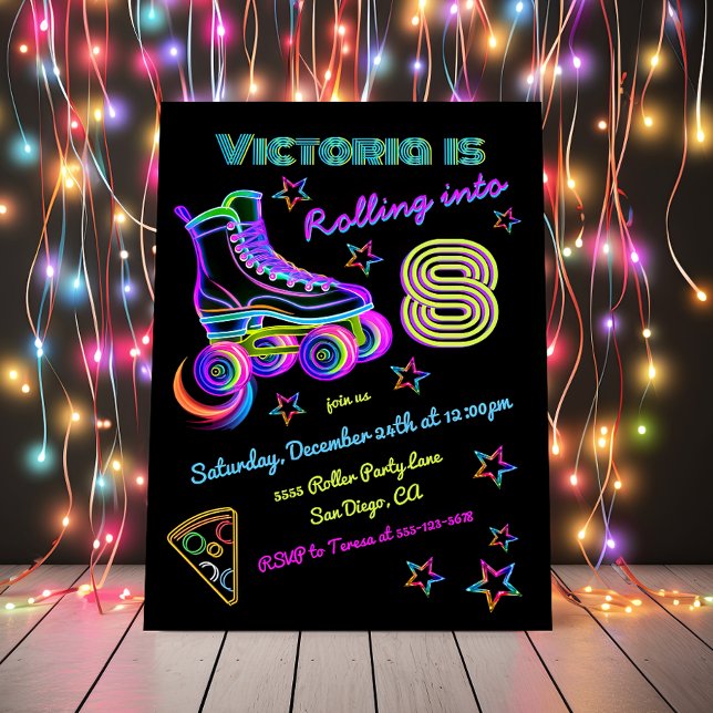 Rolling Neon Roller Skating Birthday Party Invitation (Creator Uploaded)