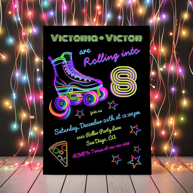 Rolling Neon Roller Skating Twins Birthday Party Invitation (Creator Uploaded)