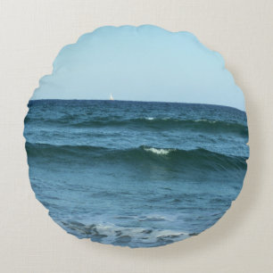 Rolling Ocean Waves With Tiny Sailboat Horizon Round Cushion