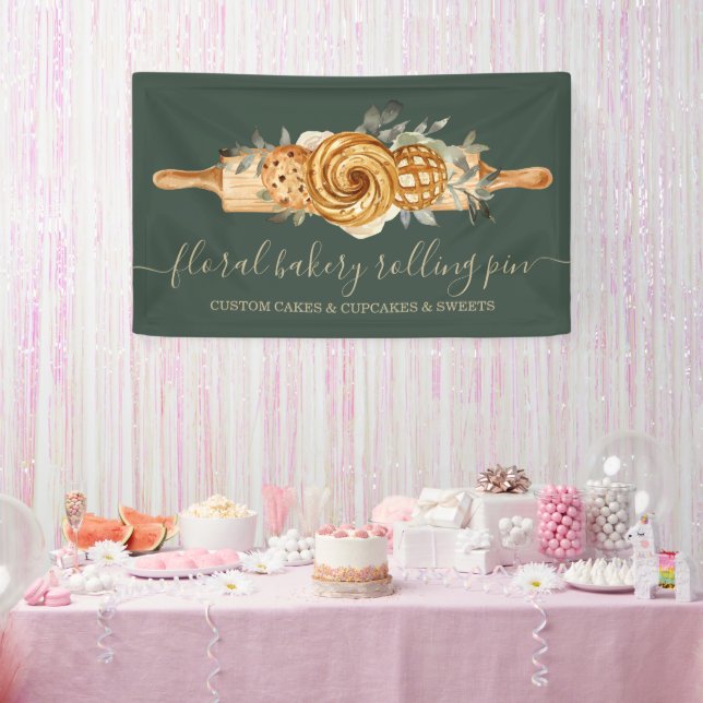 Rolling Pin Bakery Cookies Bread sage green gold Banner (Party)