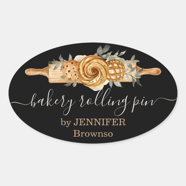 Rolling Pin Bakery Cookies Breads elegant black Oval Sticker (Front)