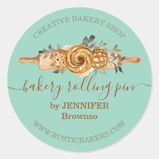 Rolling Pin Bakery Cookies Breads elegant green Classic Round Sticker (Front)