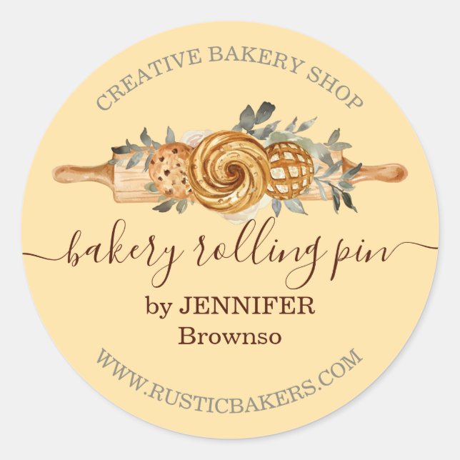 Rolling Pin Bakery Cookies Breads elegant yellow Classic Round Sticker (Front)