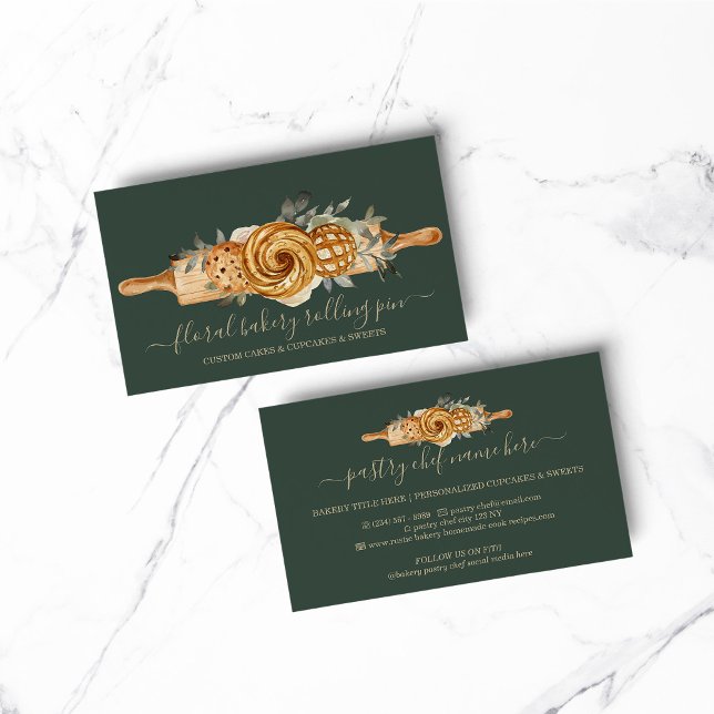 Rolling Pin Bakery Cookies Breads sage green gold Business Card (Rolling Pin Bakery Cookies Breads sage green gold Business Card)