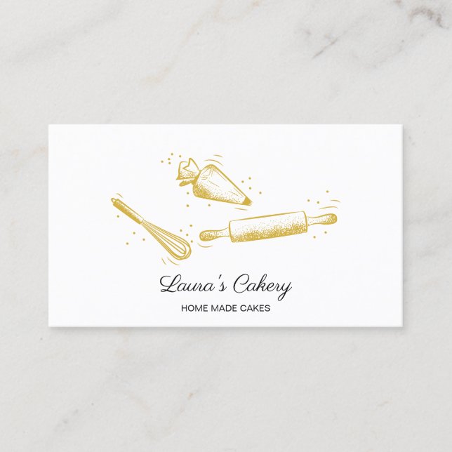 rolling pin & whisk cupcake Bakery Dripping Gold B Business Card (Front)
