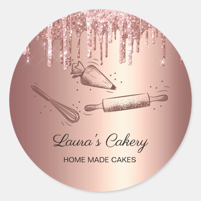 rolling pin & whisk cupcake Bakery Dripping Gold B Classic Round Sticker (Front)