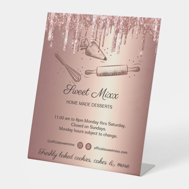 rolling pin & whisk cupcake Bakery Dripping Gold B Pedestal Sign (Front)