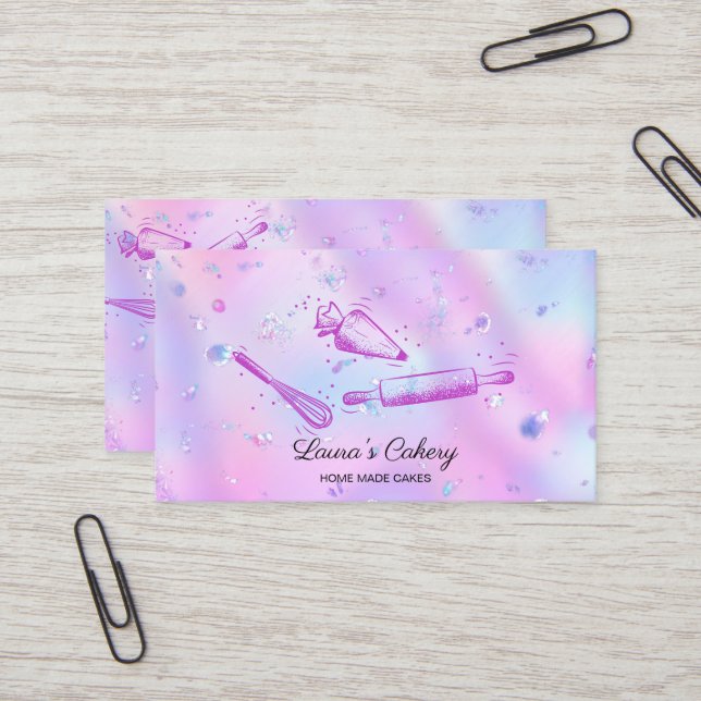 rolling pin & whisk cupcake Bakery Iridescent Business Card (Front/Back In Situ)