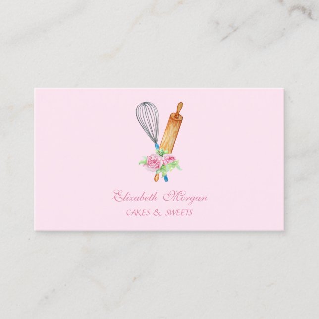 Rolling Pin,Whisk,Flowers Bakery  Business Card (Front)
