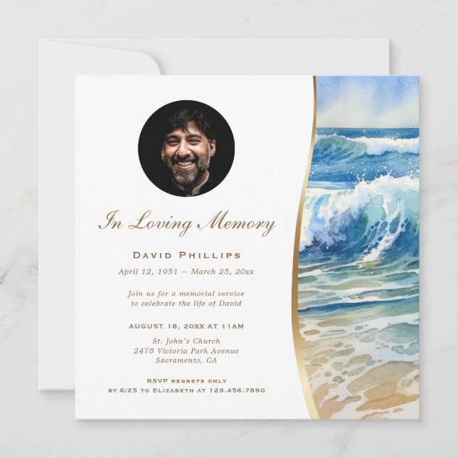 Rolling Waves Beach Photo Memorial Invitation (Front)