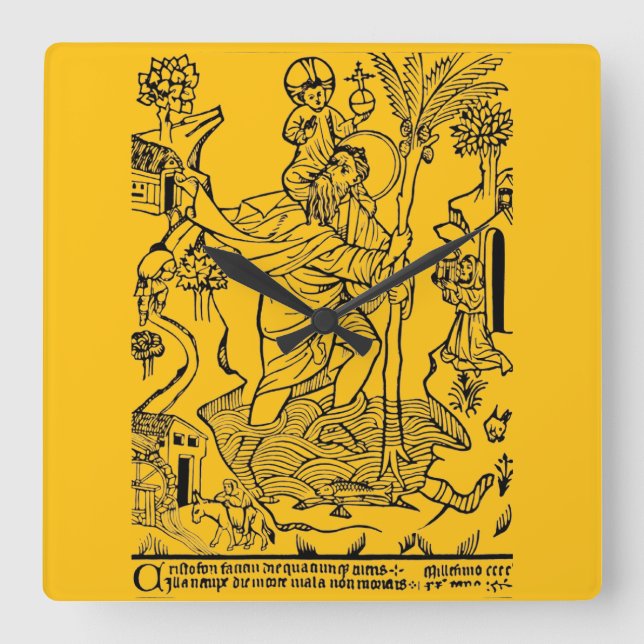 Roman Catholic Saint Christopher Devotional Art Square Wall Clock (Front)