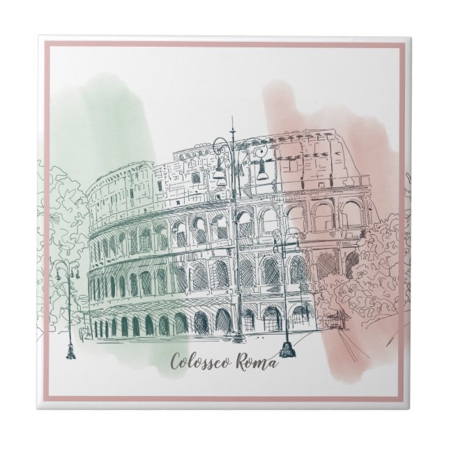 Roman Colosseum Italian Flag Colours Pen and Ink Ceramic Tile (Front)