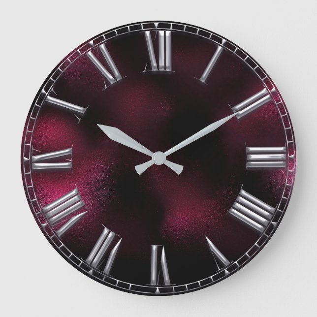 Roman Number Beetroot Burgundy Silver Gray Metal Large Clock (Front)