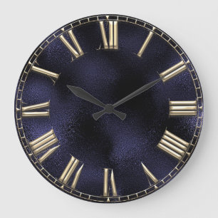 Roman Number Blue Navy Glass Metallic Minimal Large Clock