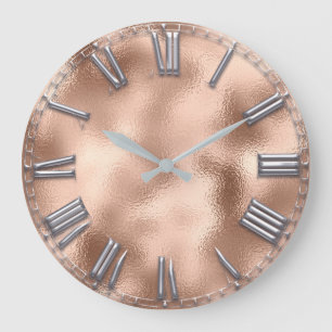 Roman Number Rose Gold Blush Grey Metallic Large Clock