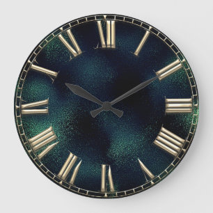 Roman Number Tropical Green Gold  Glass Metallic Large Clock