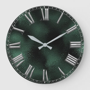 Roman Number Tropical Monstera Green Grey Metallic Large Clock