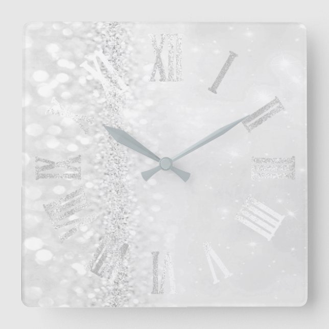 Roman Numbers Silver Grey Grey Glitter Glam Square Wall Clock (Front)