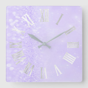 Roman Numbers Silver Grey Lavender Glitter Glam Square Wall Clock