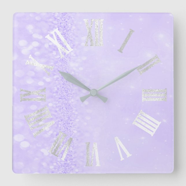 Roman Numbers Silver Grey Lavender Glitter Glam Square Wall Clock (Front)