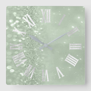 Roman Numbers Silver Grey Mint Green Glitter Glam Square Wall Clock
