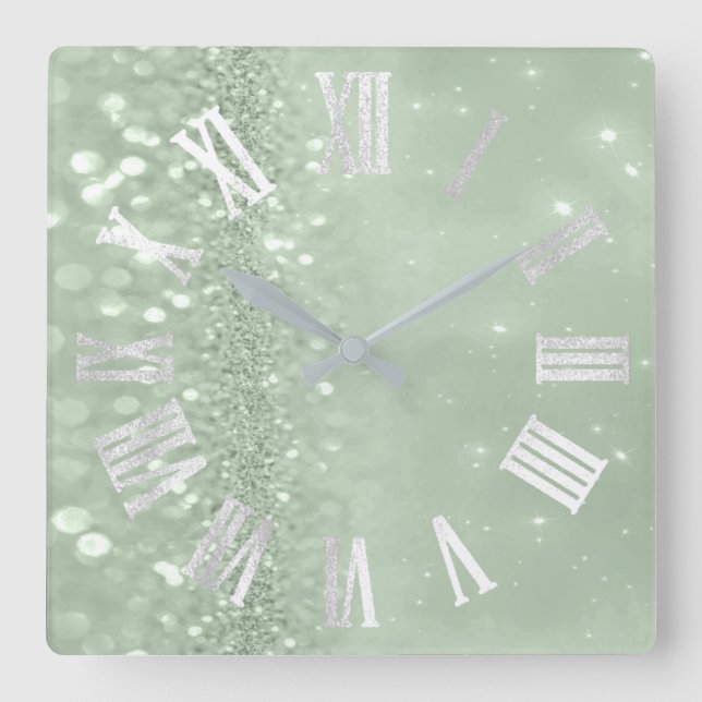 Roman Numbers Silver Grey Mint Green Glitter Glam Square Wall Clock (Front)
