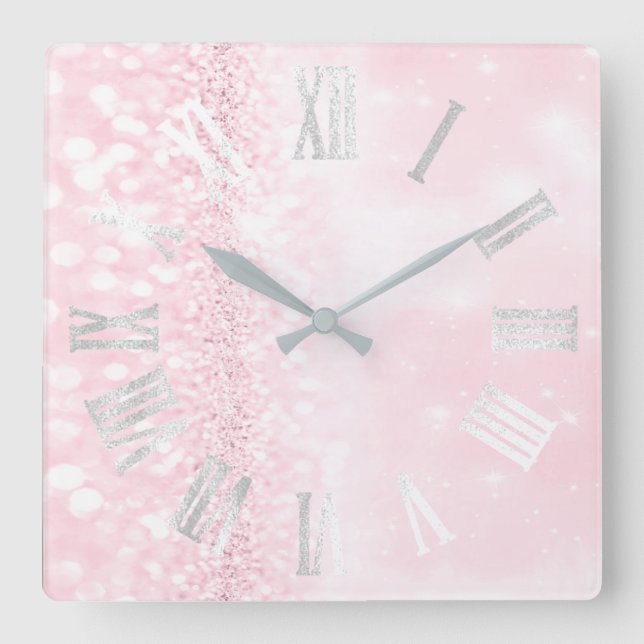 Roman Numbers Silver Grey Pink Glitter Girly Square Wall Clock (Front)