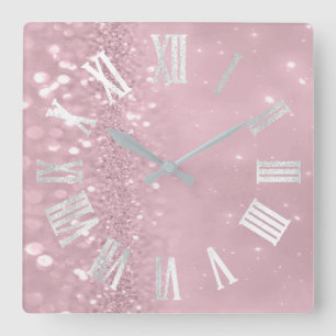 Roman Numbers Silver Grey Pink Glitter Glam Square Wall Clock