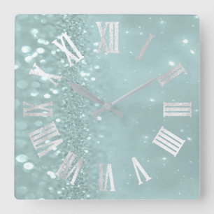 Roman Numbers Silver Grey Teal Mint Glitter Glam Square Wall Clock