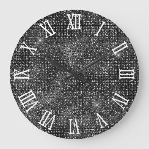 Roman Numerals Black Disco Glitter Large Clock
