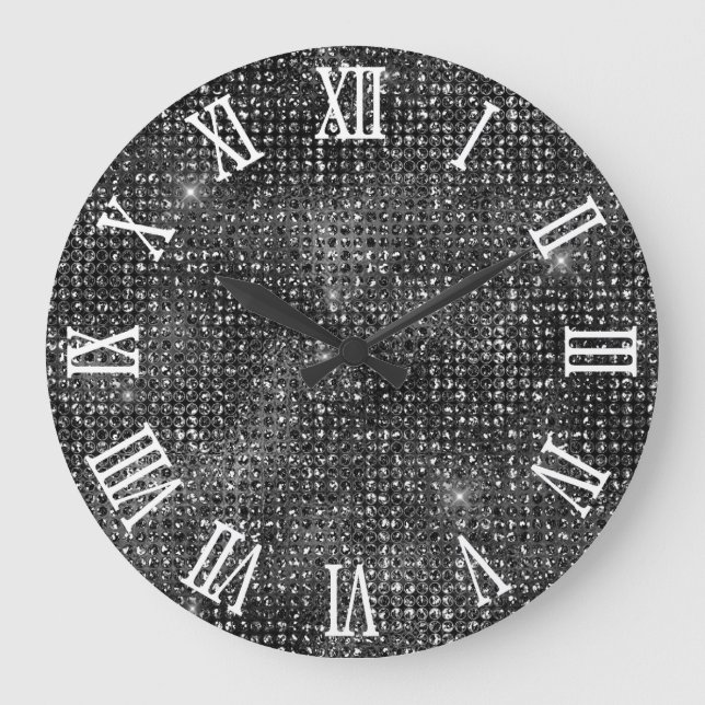 Roman Numerals Black Disco Glitter Large Clock (Front)