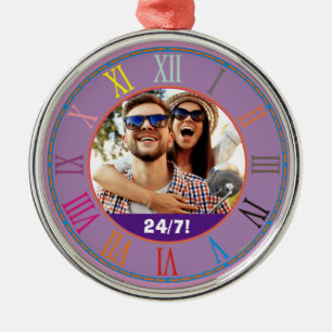 Roman Numerals Clock 24/7! Happy Fun Couple Photo Metal Ornament