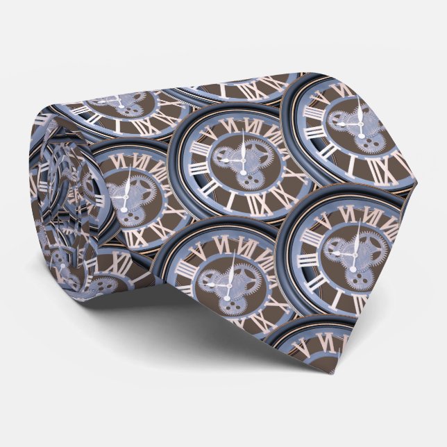 Roman Numerals Vintage Gear Clock Tie (Rolled)