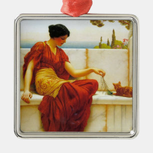 Roman Woman Playing with her Favourite Cat Metal Ornament