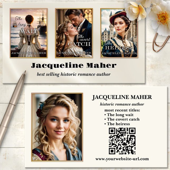 Romance Author Book Cover Photo Business Card (Historic or romance author book cover photo business card with QR code template)