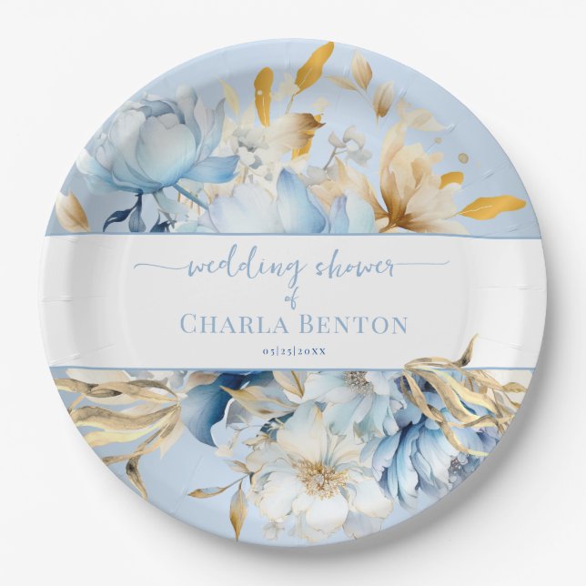 Romance Blue Floral Gold Wedding Shower Paper Plate (Front)