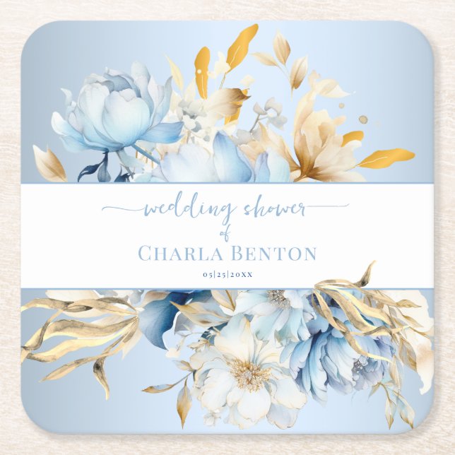 Romance Blue Floral Gold Wedding Shower Square Paper Coaster (Front)