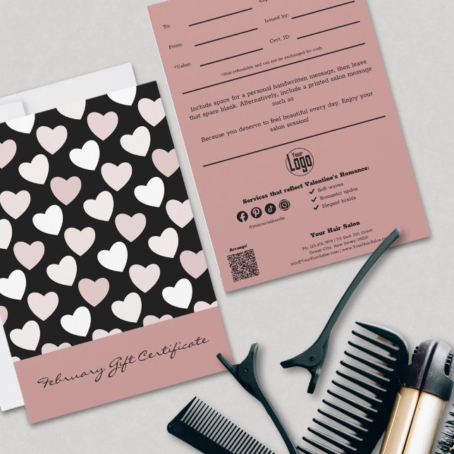 Romance Hair Styles February Gift Certificate (Romance Hair Styles February Gift Certificate, QR Code, Logo, Note, Service List)