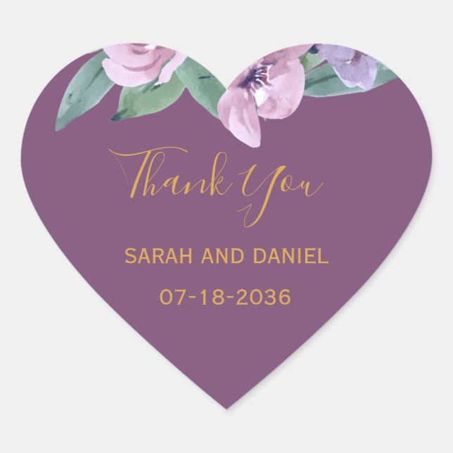 Romance Plum with Pink Roses Wedding Thank You Heart Sticker (Front)