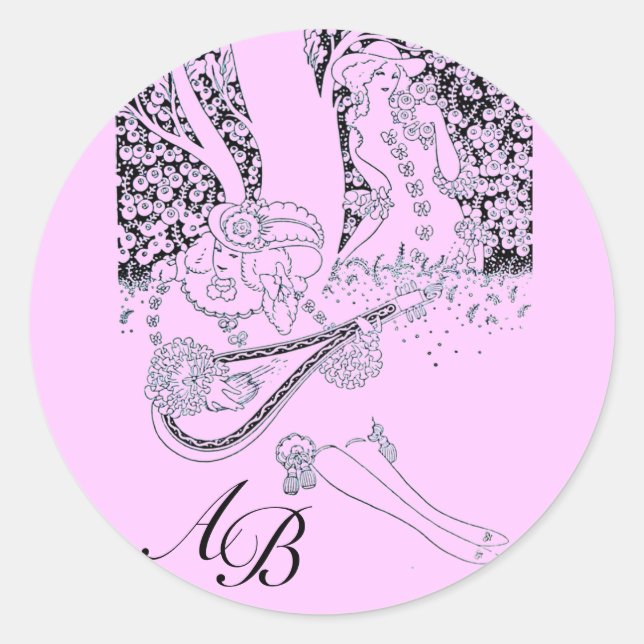 ROMANCE /ROMANTIC LOVERS BLACK LILAC MONOGRAM CLASSIC ROUND STICKER (Front)