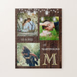 Romance Rustic Custom Monogram Photos Lights Jigsa Jigsaw Puzzle<br><div class="desc">This jigsaw puzzles could just as easily spell out LOVE -- with a rustic wood texture background; twinkling lights; three of your wonderful photos -- a date -- a family name and a UNIQUE LAYERING OF THE MONOGRAM -- look closely and you will see three colours, which gives it the...</div>