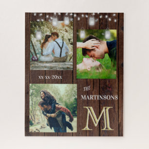 Romance Rustic Custom Monogram Photos Lights Jigsaw Puzzle